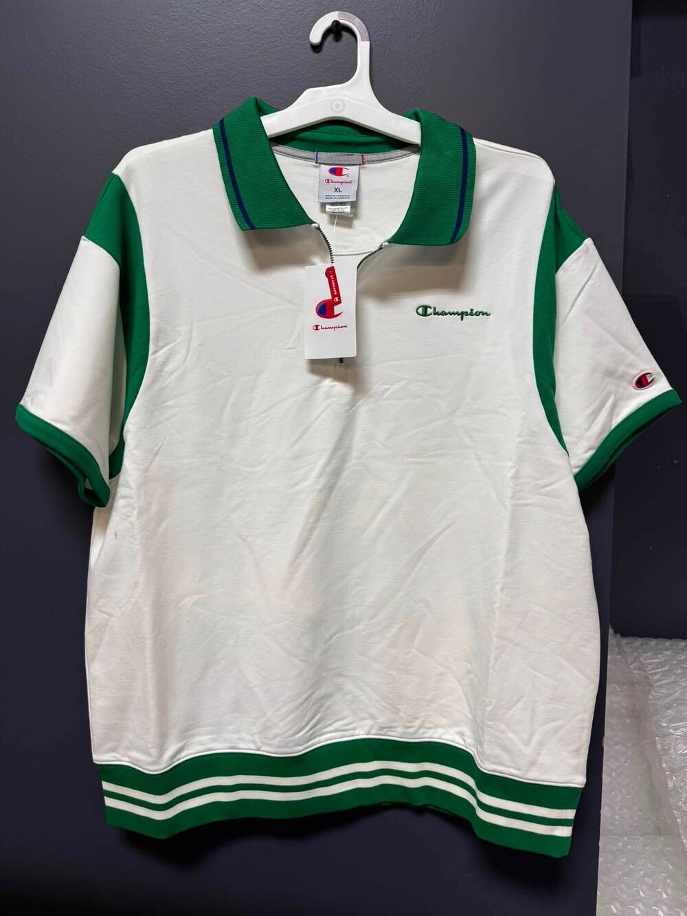 NWT Champion Men's Short Sleeve Zip Polo T-Shirt - Bright White XL